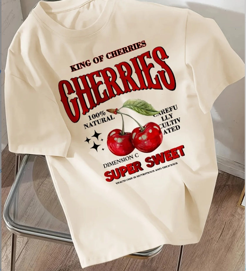 Plus Size Cherry Ocean Shark Print Round Neck Short Sleeve Women's