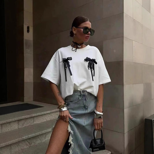 Millennium Bowknot Short-sleeved T-shirt Women's Lace Stitching