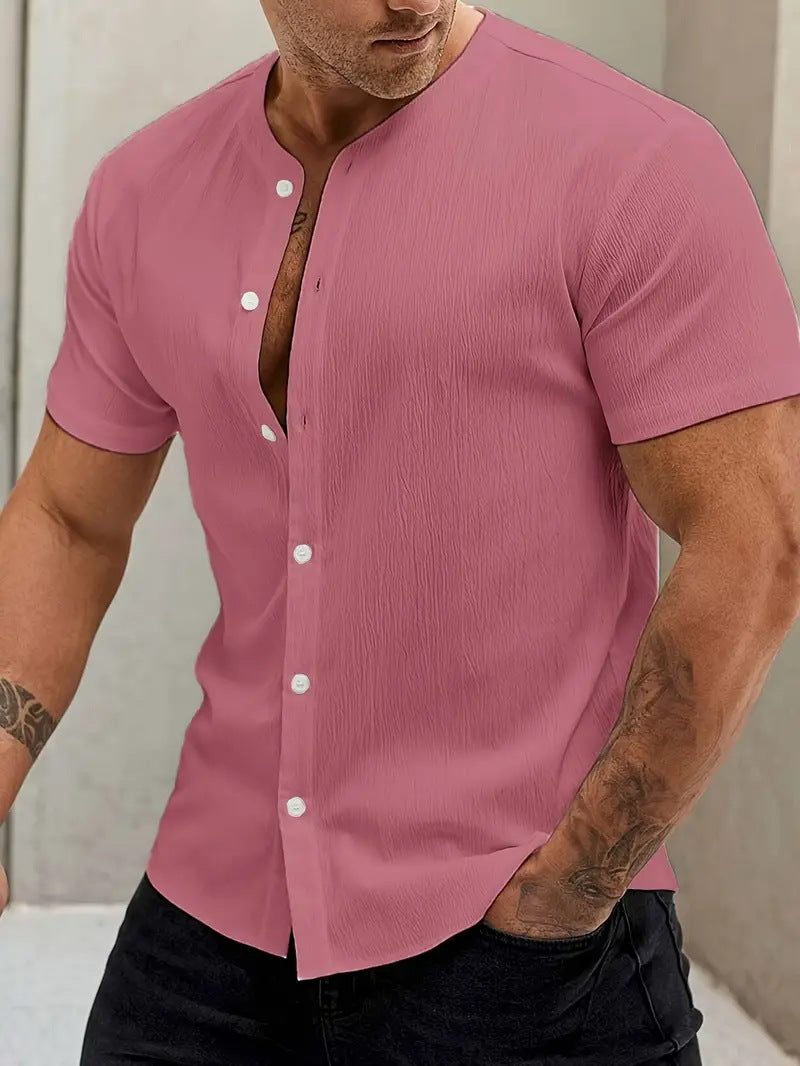New Cardigan Stand Collar Men's Short-sleeve Shirts