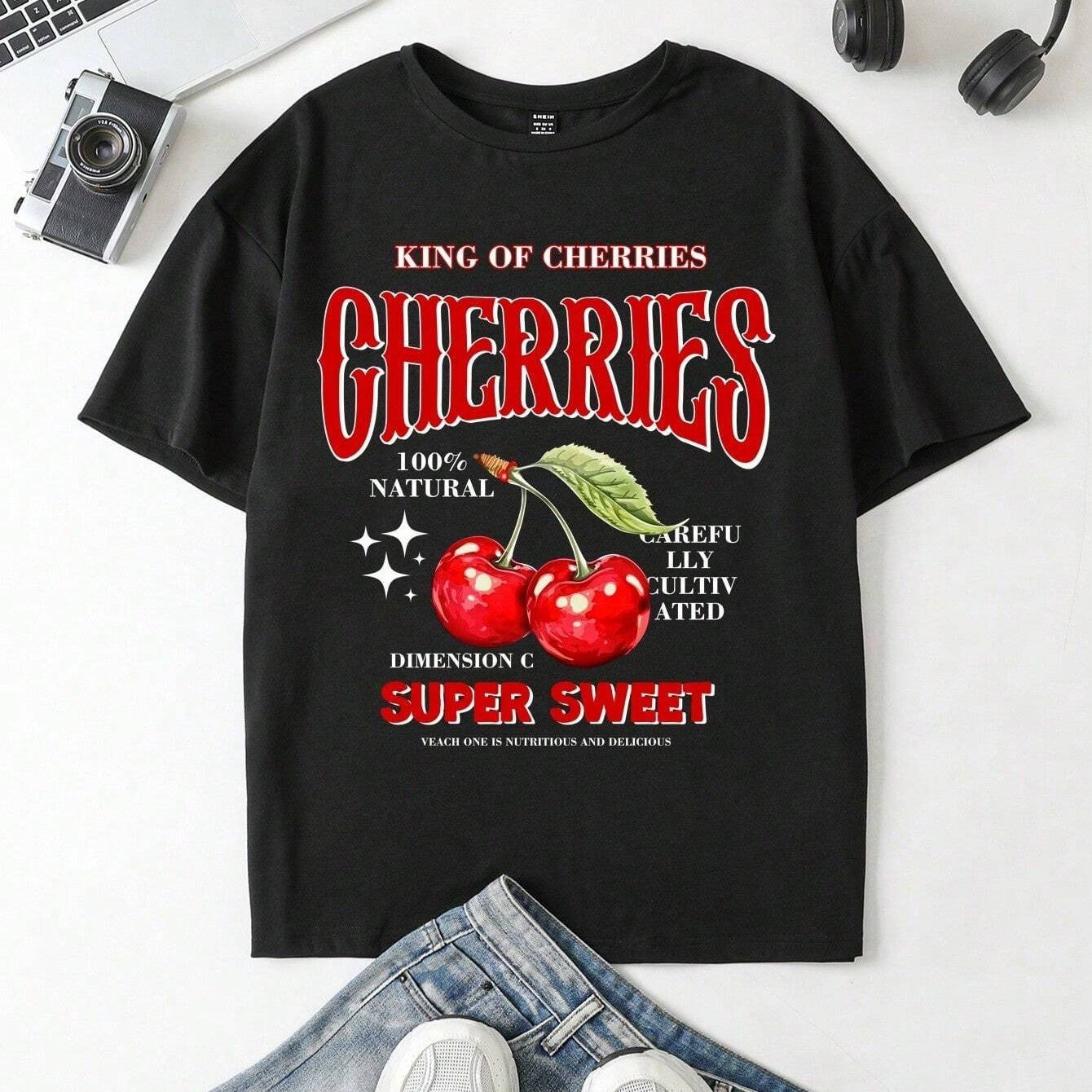 Plus Size Cherry Ocean Shark Print Round Neck Short Sleeve Women's